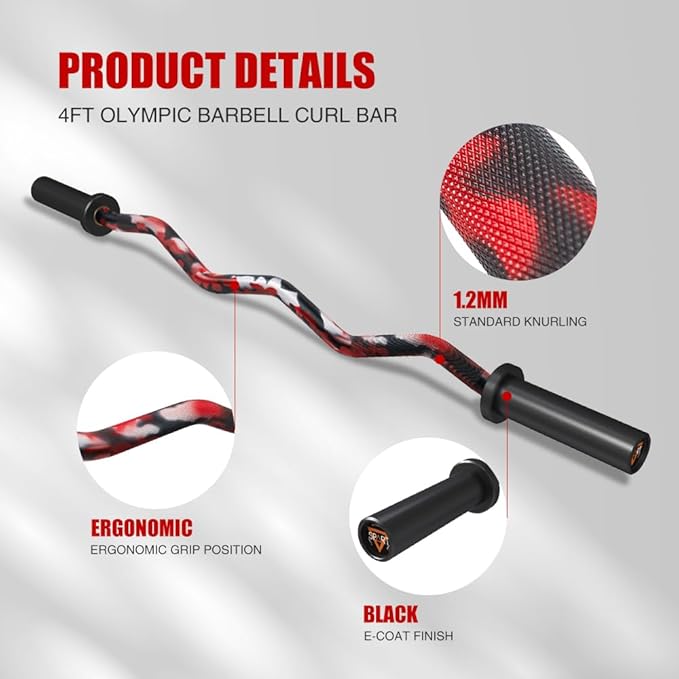 Olympic EZ Curl Bar, 47INCH/4FT Strength Training Curling Bar with Knurled Grip, Chrome Finish, Copper Sleeve Barbell for 2-inch Weight Plates, 500 LBS Capacity