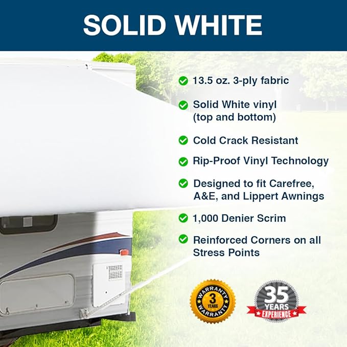 Shade Pro RV Awning Fabric Replacement | Durable Standard Grade Vinyl (25' [Fabric 24' 2"], Solid White) Camper Shade Awning Canopy