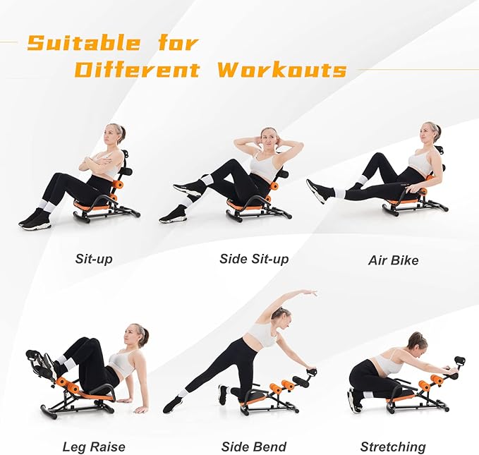 Ab Workout Machine, Height Adjustable Ab Rocker Trainer w/Ergonomic Curved Back, Cushioned Seat, Strong Spring Boost for Core Strength Training, Compact Sit Up Machine for Home Gym