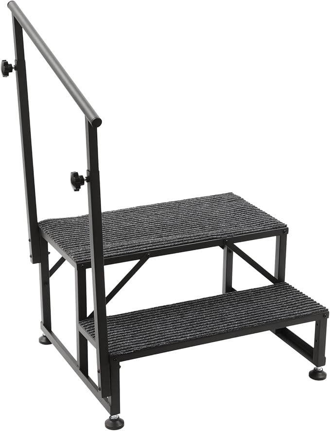 RV Steps with Handrails, 2 Steps Mobile Home Stairs Steps Outdoor W/Non-Slip Mats, Portable Stairs for Travel Trailer Motor Home, Camper