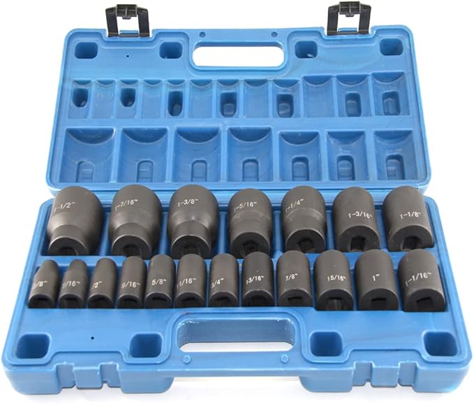 MacWork 19 Piece 1/2-Inch Drive Standard/Shallow Impact Socket Set, SAE, 3/8" to 1-1/2", CR-V&Cr-Mo Alloy Steel, 6-point Hex Radius Corner Design