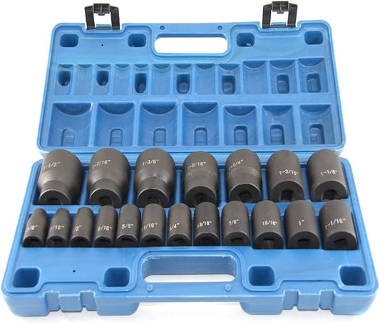 MacWork 19 Piece 1/2-Inch Drive Standard/Shallow Impact Socket Set, SAE, 3/8" to 1-1/2", CR-V&Cr-Mo Alloy Steel, 6-point Hex Radius Corner Design
