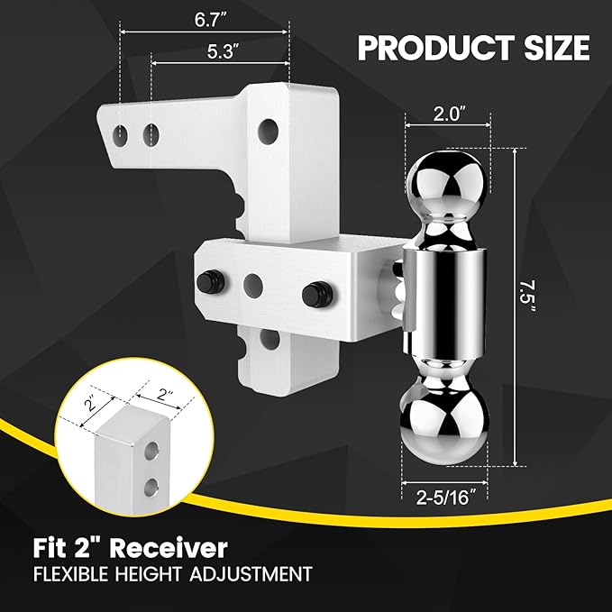 Adjustable Trailer Hitch for 2” Receiver, 12500 LBS GTW Aluminum - 6” Drop/Rise with 2-inch and 2-5/16 inch Dual Ball, Silver w/Anti-Theft Lock & Tow Hitch Tightener