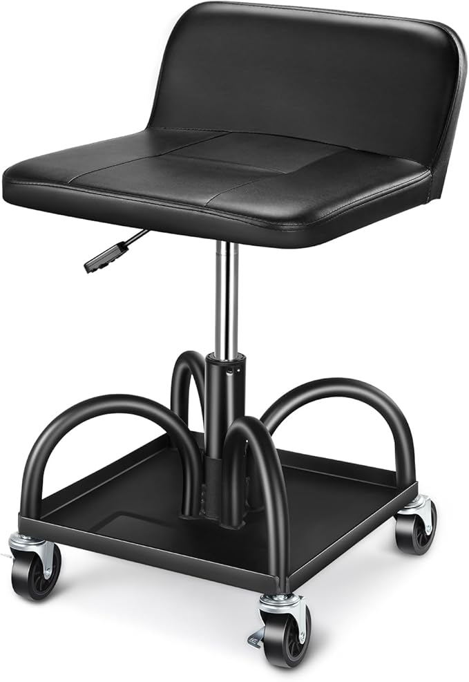 DNA Motoring Rolling Padded Seat Adjustable Height Seat 330lbs Capacity Rolling Mechanic Creeper Stool, W/Tool Storage Drawer & Tray, Black, TOOLS-00600