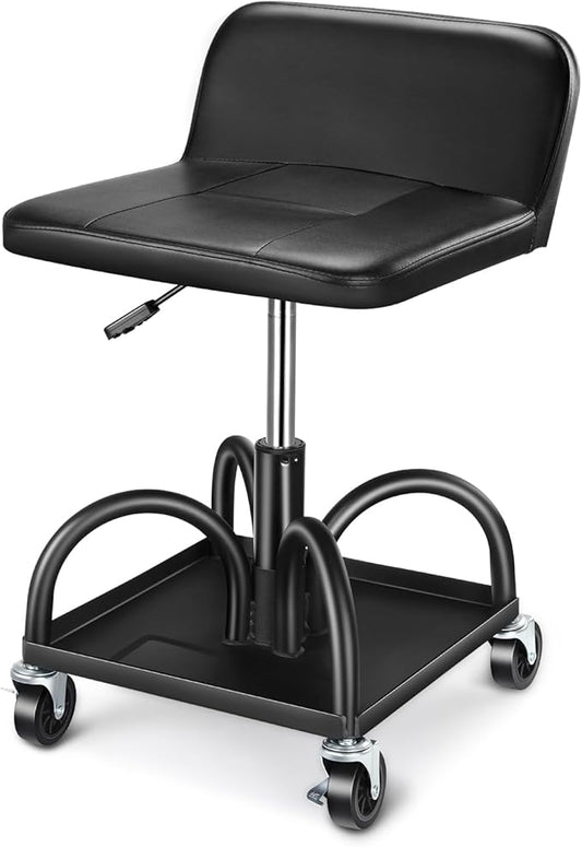 DNA Motoring Rolling Padded Seat Adjustable Height Seat 330lbs Capacity Rolling Mechanic Creeper Stool, W/Tool Storage Drawer & Tray, Black, TOOLS-00600