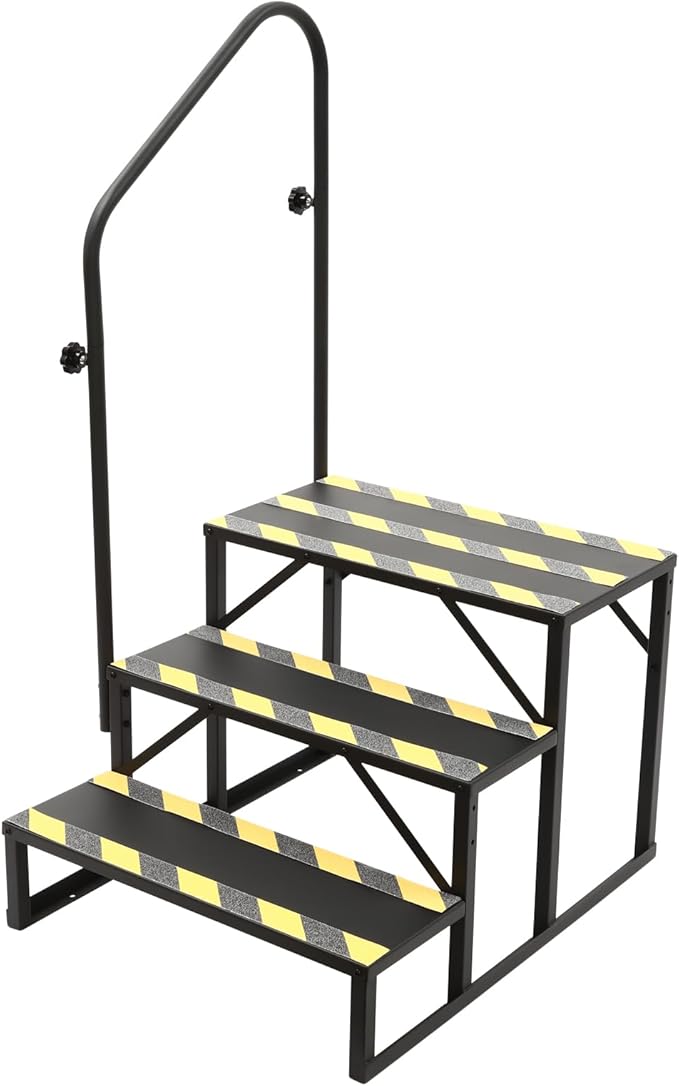 Hot Tub Steps with Single Sided Handrail, Premium RV Steps with Reflective Strips & Mounting Holes On Both Sides, 3 Step RV Stairs for RV, Camper, or Travel Trailer