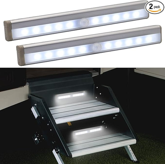 Motion Activated RV Step Lights, 10 LED Battery Operated Motorhome Motion Sensor led Light Strip, Magnetic Night Light Bar for Motorhome Travel,Travel Trailers, Camper (2 Pack)