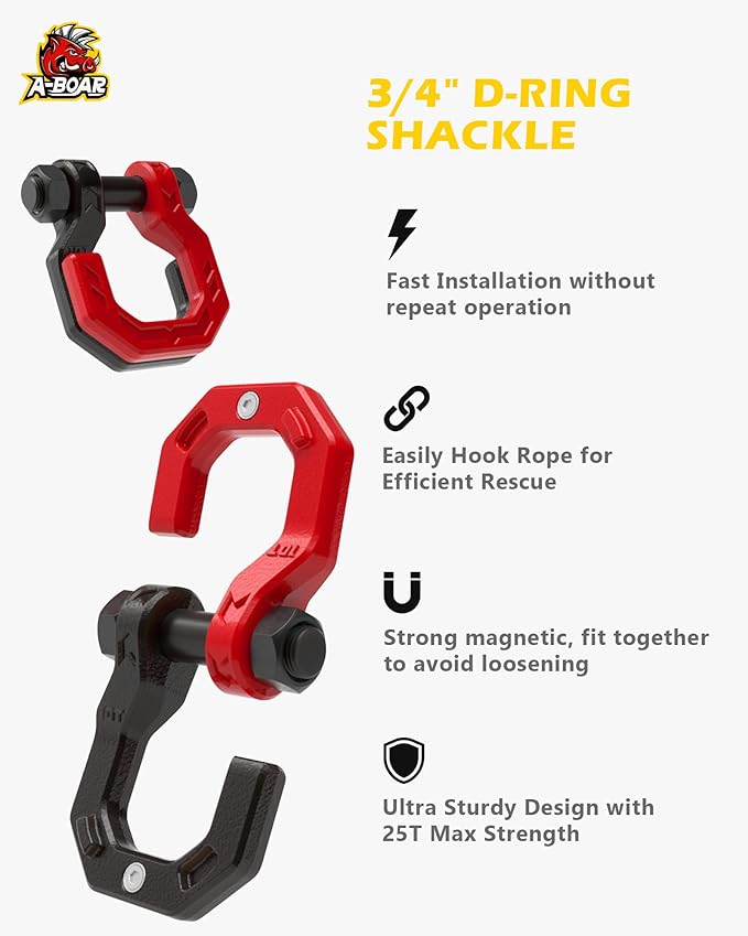3/4" D-Ring Shackles, Heavy Duty Forged Steel Shackles with 7/8" Pin, Easy Open D-Ring Shackles Towing Winch Hooks for Recovery, Trucks, SUV, ATV, UTV, Off-Road Vehicles, Black Red