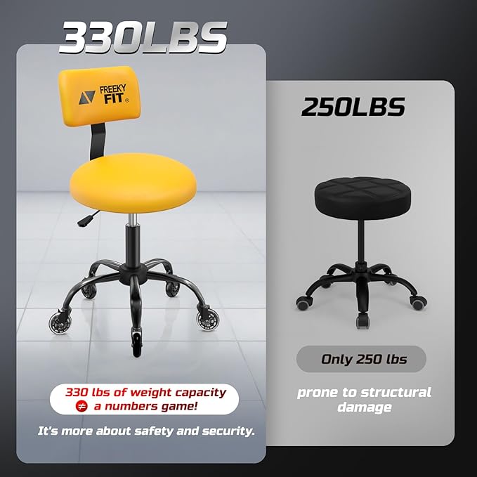 Rolling Shop Stool with Wheels,Mechanic Garage Stool Chair with Adjustable Height 15.55"-18.3",Heavy Duty Swivel Roller Seat for Garage,Salon and Tattoo Beauty, Yellow