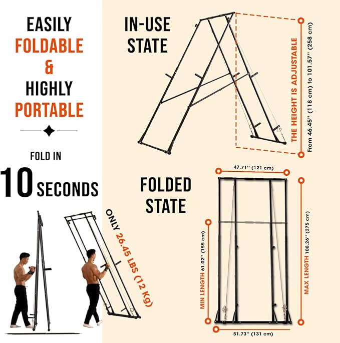 KT Rust-resistant Tall Pull Up Dip Station Squat Rack Foldable Power Tower Stable Multifunctional Exercise Machine Durable Home Gym Strength Training Fitness Equipment Portable Indoor Outdoor Free Standing