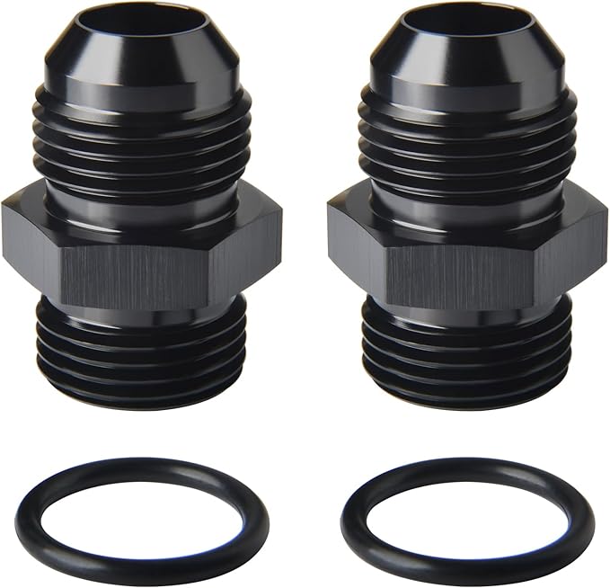 12AN Male Flare to 12AN ORB O-ring Boss Fuel Pump Rail Adapter Fitting Aluminum Black, Pack of 2