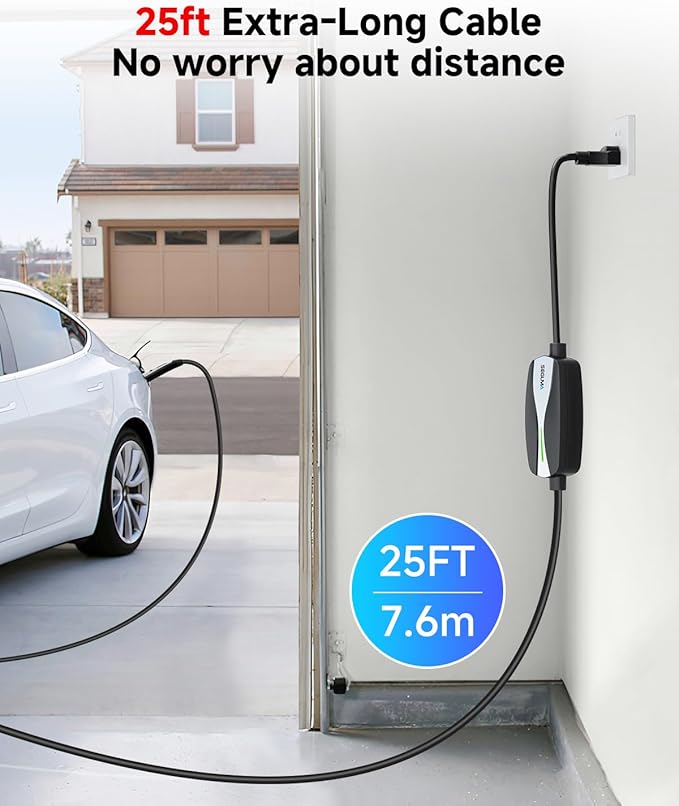 Level 1/2 Tesla Charger, 12A/16A, 25ft Extension Cable, Dual Voltage 240V NEMA 6-20 Plug & 120V NEMA 5-15 Adapter, NACS Connector, Portable Home Electric Car EV Charger for Tesla Models Y/X/3/S