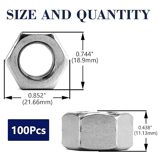 1/2-13 Hex Nuts 100Pcs 304 Stainless Steel 18-8, Full Thread, Hex Drive, Bright Finish by SG TZH