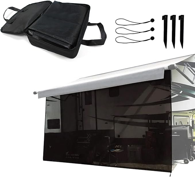 RV Awning Sun Shade Screen, Universal Mesh Fabric Awning Screen UV Blocker Complete Kits with Zipper for Trailer Camper Motorhome Replacement - 8' * 16'