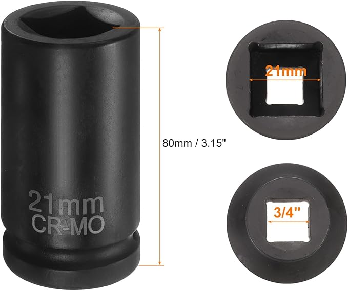 HARFINGTON 3pcs 4 Point Square Socket 3/4" Drive 21mm Metric Square Impact Socket CR-MO Blackening Standard Wheel Sleeve Pneumatic Sleeve Tool for Auto Repair Mechanical Maintenance Home Use