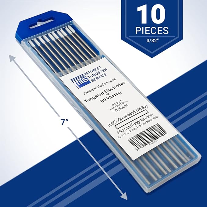 Midwest Tungsten Service TIG Welding Tungsten Electrodes 10-Pack (White - 0.8% Zirconiated Tungsten (WZ8, EWZ-0.8), 3/32")