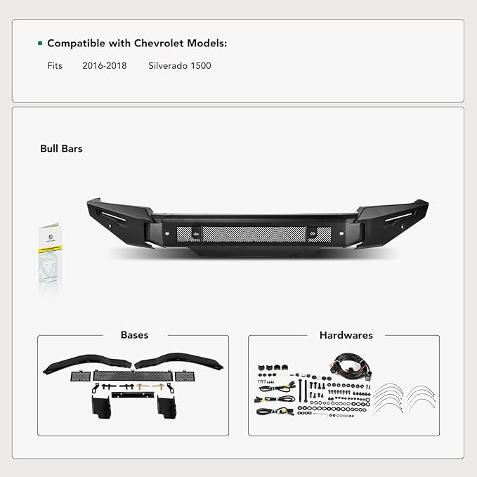 YHTAUTO Bull Bar Push Bar with Skid Plate Light Mount Fit Chevrolet Models, Silverado 1500 2016-2018, Heavy Duty Steel Brush Guard for Truck Front Bumper Textured Black Off Road Accessories