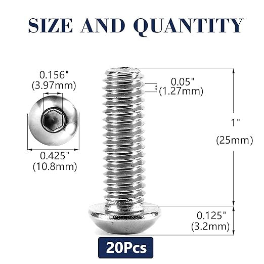 1/4-20 x 1 Button Head Socket Cap Bolts Screws, 20Pcs 304 Stainless Steel 18-8, Allen Hex Drive, Bright Finish by SG TZH(with Hex Spanner)