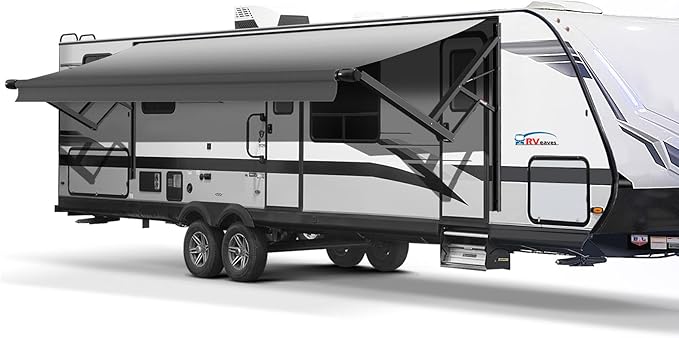 Black Electric Power RV Awning Frame and Fabric Assemblies Full Set for RV,5th Wheel,Travel Trailers,Toy Haulers,and Motorhome RV Trailer Awning for Home or Camper (15Feet, Grey Fade)