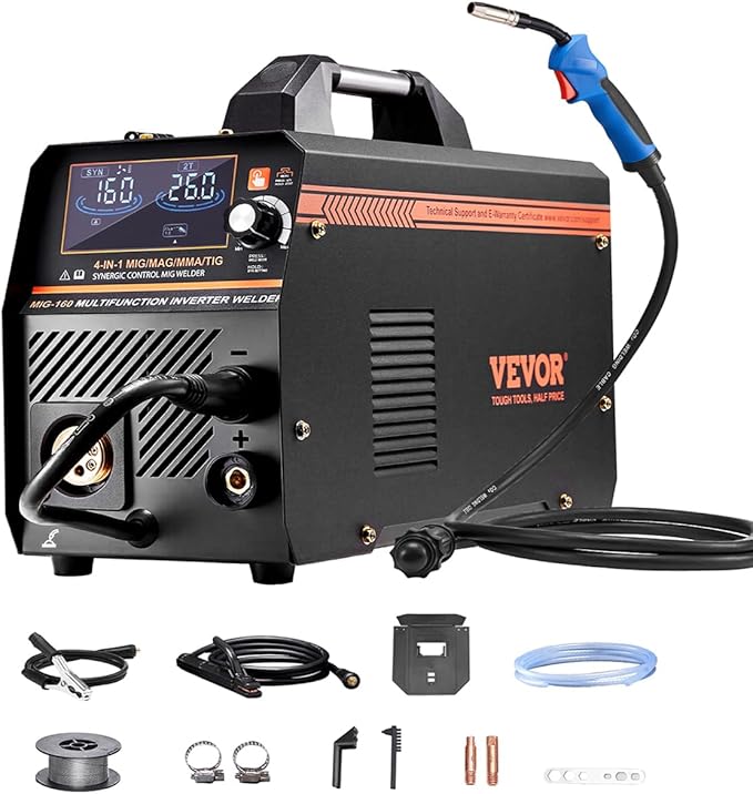 VEVOR MIG Welder, 160A Synergic Mig Welding Machine, 4-in-1 Gas MIG/Flux Core MIG/Stick/Lift TIG Multi-Process Welder Machine, 110V/220V Dual Voltage Mig Welder with IGBT Inverter & LCD Screen Display