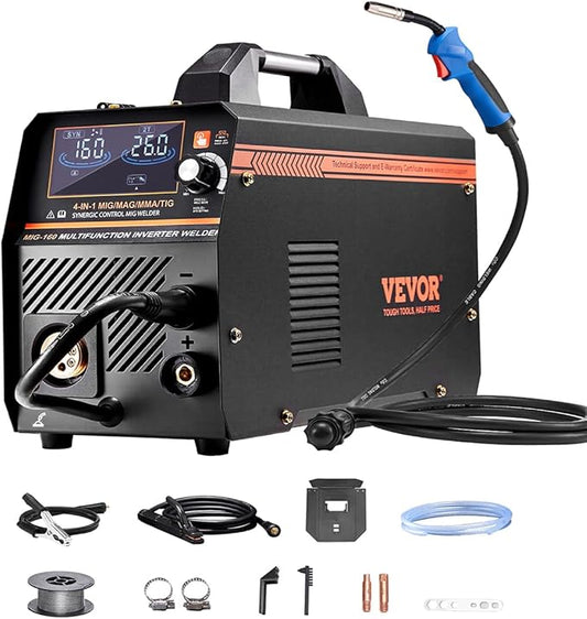 VEVOR MIG Welder, 160A Synergic Mig Welding Machine, 4-in-1 Gas MIG/Flux Core MIG/Stick/Lift TIG Multi-Process Welder Machine, 110V/220V Dual Voltage Mig Welder with IGBT Inverter & LCD Screen Display