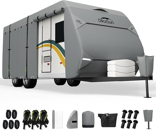 RV Cover, Upgraded 7 Layers top travel trailer cover Fits 38-40 ft RV, Waterproof camper Cover for Toy Hauler with Tongue Jack Cover, Gutter Covers