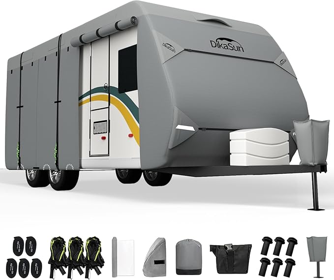 RV Cover, Fits 35'- 38' Travel Trailer Cover, 7 Layers top Waterproof Camper Cover for Toy Hauler with Tongue Jack Cover, Gutter Covers