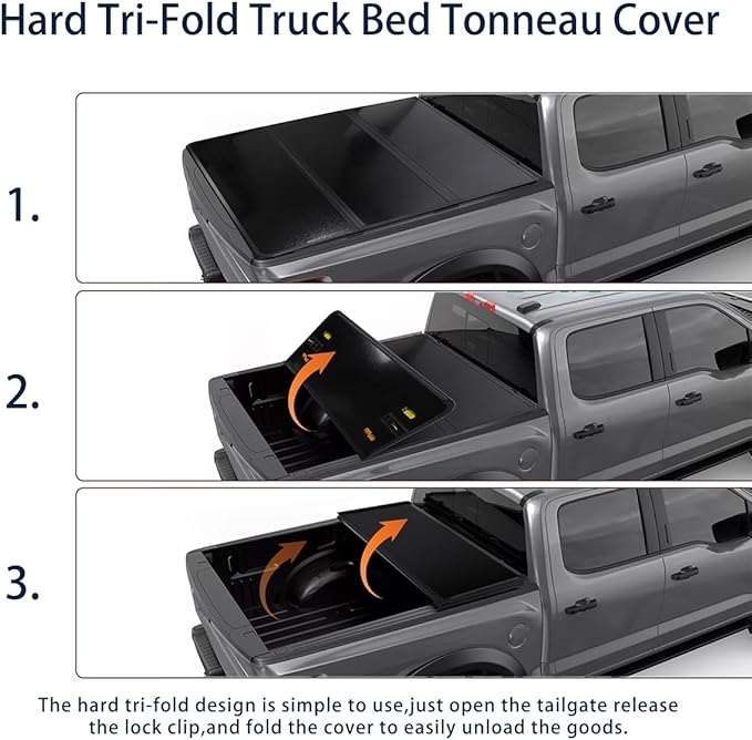 CAREONLINE New Black Hard Tri Fold Style Truck 4.6 Ft Bed Tonneau Cover W/LED Light Fits for 2022-2024 F-o r-d Maverick（OL-KR1013250321）