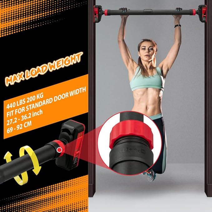 Pull Up Bar for Doorway, Strength Training Chin Up Bar with Level Meter and Adjustable Width for Home Gym,No Screws Required, Weight Capacity 440 LBS