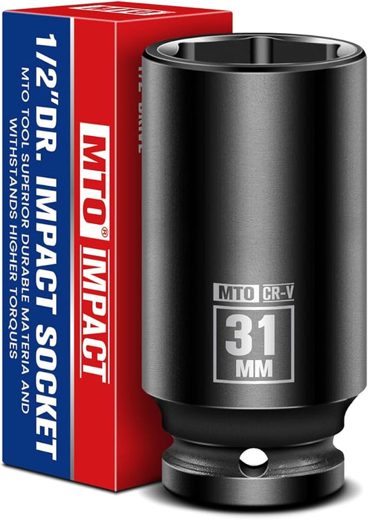 MTO 1/2" Drive 31mm Deep Impact Socket, 6-Point Metric Socket for Automotive Maintaince, CR-V Steel Meets ANSI Standards