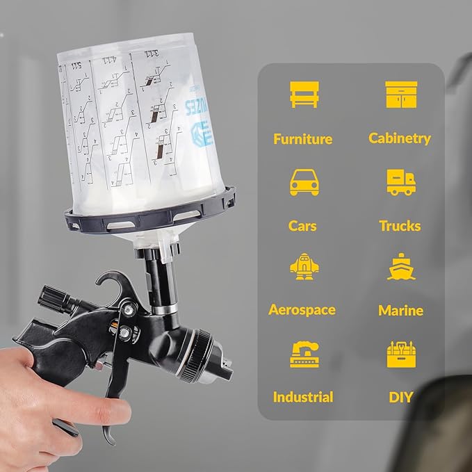 YUZES Disposable Paint Cups for Spray Gun 20 Ounce (600ml), 50 Disposable Paint Cup with Lids, 2 Hard Mixing Cups with Retainer Ring, 20 Plugs, PTFE Tape, Stirrer, for LVLP HVLP Spray Gun