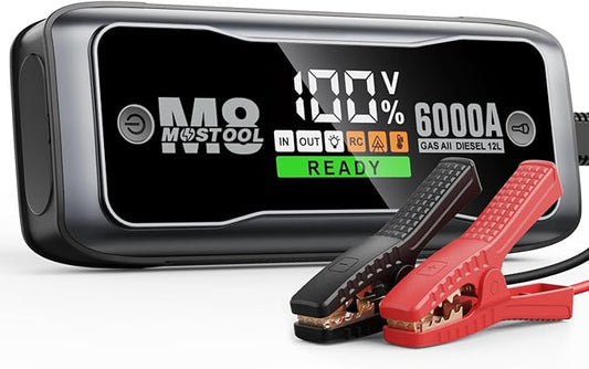 MOSTOOL M8 6000A Car Battery Jump Starter with Smart HD Display PD 60W Fast Charging, 12V Battery Jump Pack, Portable Jump Box with Jumper Clamps LED Light, Rugged Kit for All Gas & Up to 12.0L Diesel