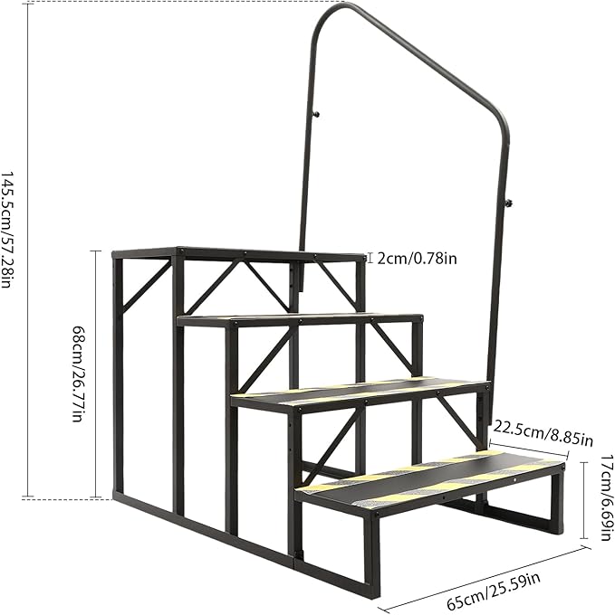 4 Step RV Stairs, Hot Tub Steps, Outdoor Spa Step Ladder with Handrail, Portable Wheel Stair W/Reflective Strips for Travel Trailer, Motor Home, Camper and Porch