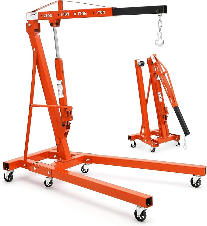 2-Ton Folding Engine Hoist Cherry Picker 4400 Lb Capacity Hydraulic Shop Crane with Telescoping Boom 6 Caster Wheels for Automotive Repair Garage Use Includes Hitch and Storage Stand Orange