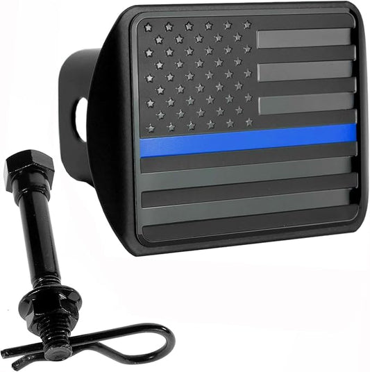 eVerHITCH USA American Flag Metal Hitch Cover (Fits 2" Receivers, Black Flag with Thin Blue line)