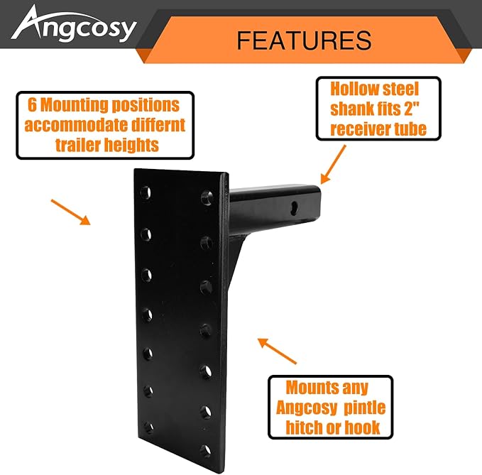 6-Position Pintle Mount for 2" Hitch Receiver, 5,000 lbs, 10.5-Inch Length, Black