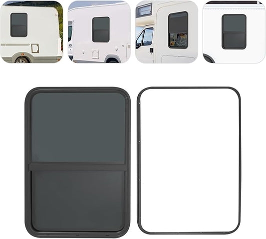 RV Window, Teardrop Vertical Slide Black RV Window, 24" W X 36" H Vertical Sliding Window Camper Trailer Window Vertical Sliding Replacement Glass W/Trim Ring, Universal RV Window