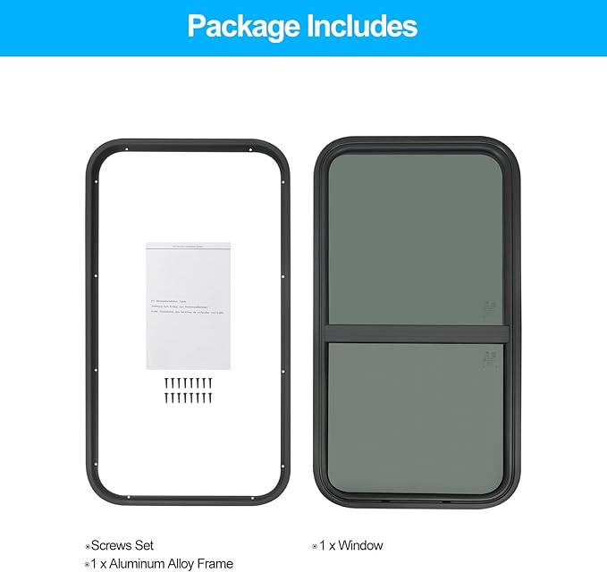 18" W x 35" H RV Window Vertical Sliding, DOT Certified - Shatterproof Tempered Tinted Glass, with Net Screen and Trim Ring, Teardrop Replacement Trailer Camper Window