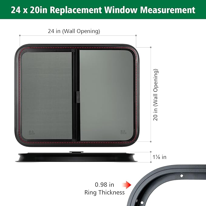 Dulepax Horizontal RV Window, 24" W x 20" H Tinted Slide Trailer Window, Tempered Glass Camper Window Replacement with Net Screen and Trim Ring, DOT Approved
