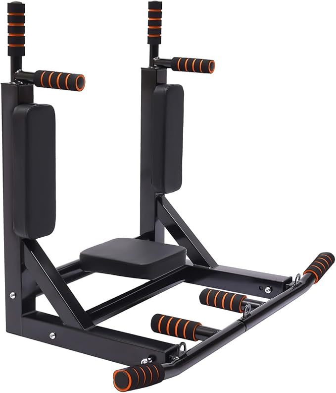 Wall Mounted Pull Up Bar, Adjustable Dip Station with PU Backrest & Anti-Slip Grips, Heavy Duty 440lbs Capacity Chin Up Bar for Home, Gym