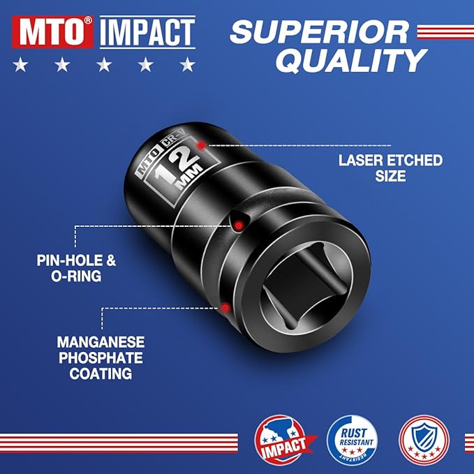 MTO 1/2" Drive 12mm Shallow Impact Socket, 6-Point Metric Socket for Automotive Maintaince, CR-V Steel Meets ANSI Standards