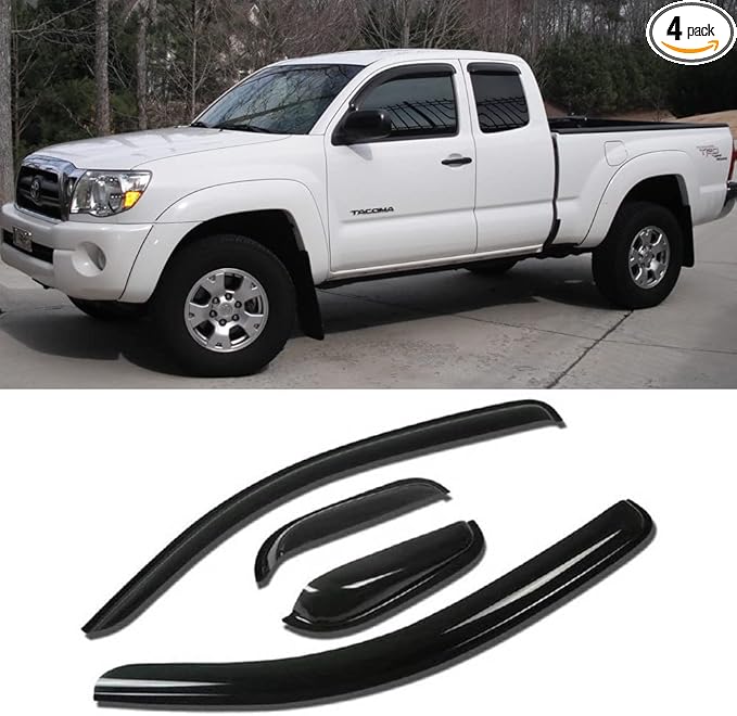 Side Window Wind Deflector, 4pcs Out-Channel Tape-On Nice Rain Guards Set, Window Visor fit for 2005-2015 Toyota Tacoma Extended cab (Access cab) TY4P07