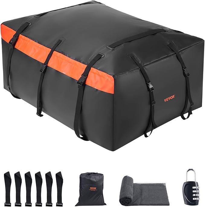 VEVOR Car Rooftop Cargo Carrier Bag, 23 Cubic Feet Roof Cargo Carrier, Heavy Duty 840D PVC 100% Waterproof Car Roof Luggage Bag for All Vehicle with/without Rack- with Lock, Anti-Slip Mat, 6 Door Hook