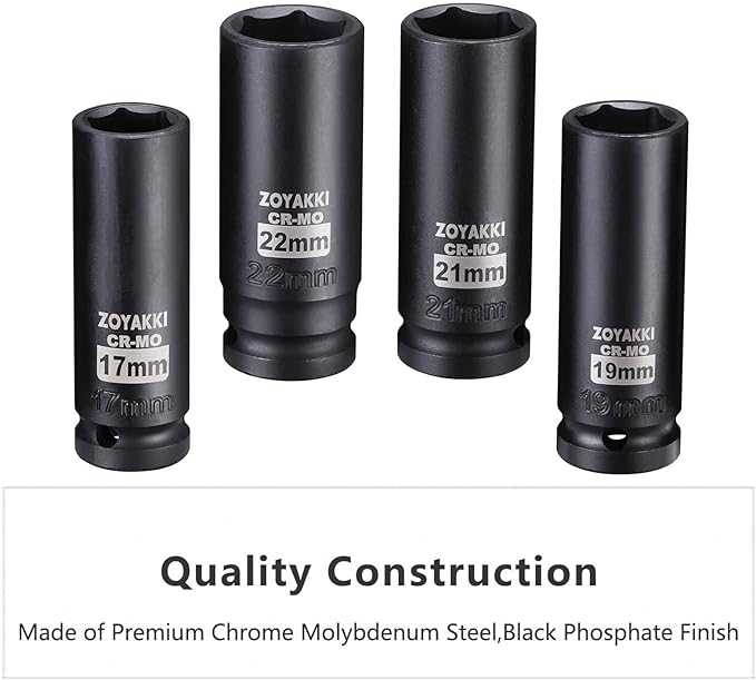 4 Pieces 1/2-Inch Drive Deep Impact Socket Set, (17-19-21-22mm), Metric Socket Set, 6 Point,with a Storage Cage