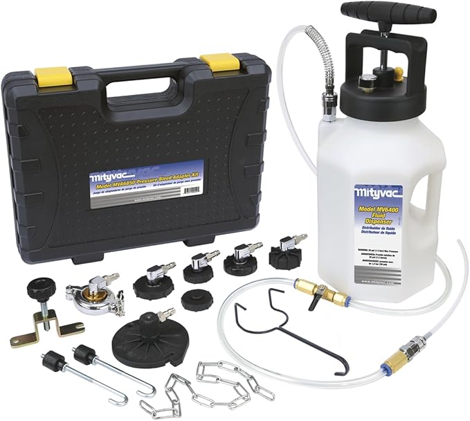 Mityvac MV6840 Hydraulic Brake and Clutch Pressure Bleeding System, Includes Seven (7) Master Cylinder Adapters, 1.2 Gallon Reservoir, Quick-Change Connections Pressure Relief Valve, Storage Case
