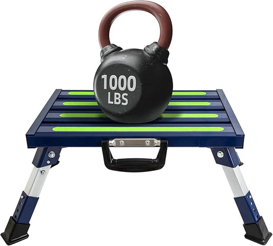 Aluminum RV Steps, 4-Level Adjustable Folding Step Stool with Non-Slip Rubber Feet, Non-Slip Fluorescent Strip Platform Rv Accessories, Supports Up to 1000 lbs - Blue