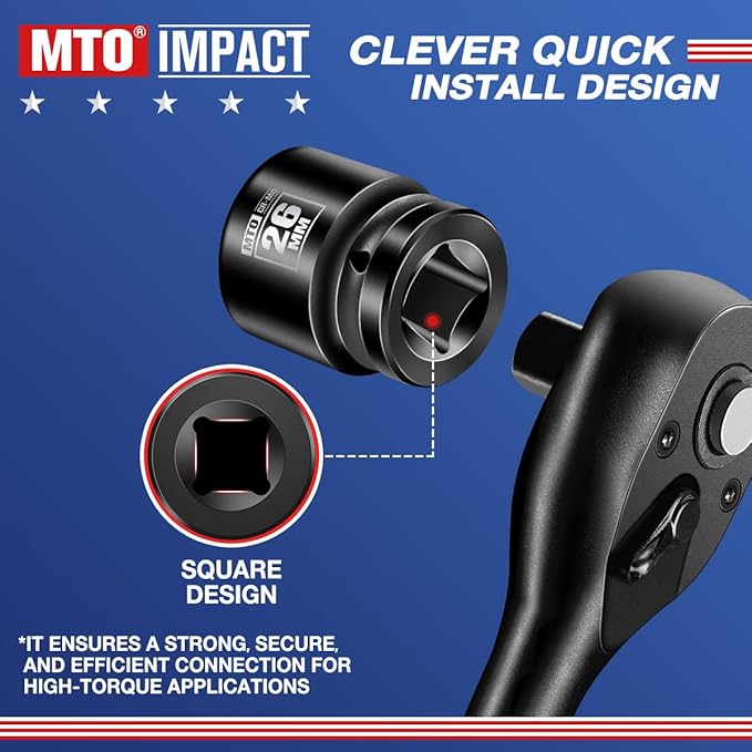 MTO 1/2" Drive 26mm Shallow Impact Socket, 6-Point Metric Socket, CR-MO Steel & Anti-Corrosion Coating for Tight Spaces and Heavy-Duty Tasks