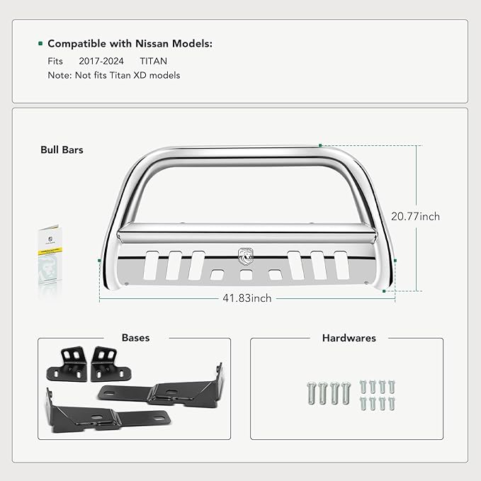 YHTAUTO 3" Bull Bar Push Bar with Skid Plate Light Mount Fit Nissan Models, Titan 2017-2024 V8 5.6L, S/S 304 Brush Guard for Truck Front Bumper Off Road Accessories