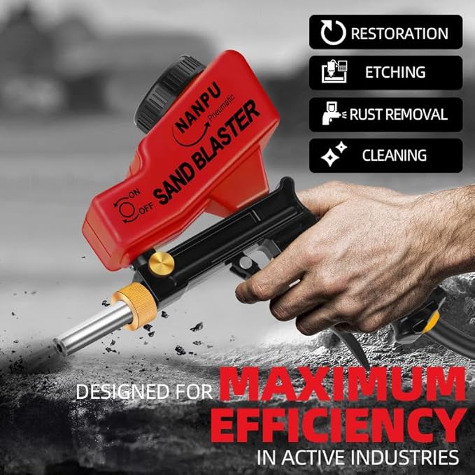 NANPU Air Sand Blaster Gun with Gravity Feed - Metal Nozzle, Plastic Body | for Paint, Rust Removal, and Glass Etching | Versatile for Aluminum, Sand, Walnut Shells, and Soda Blasting Applications