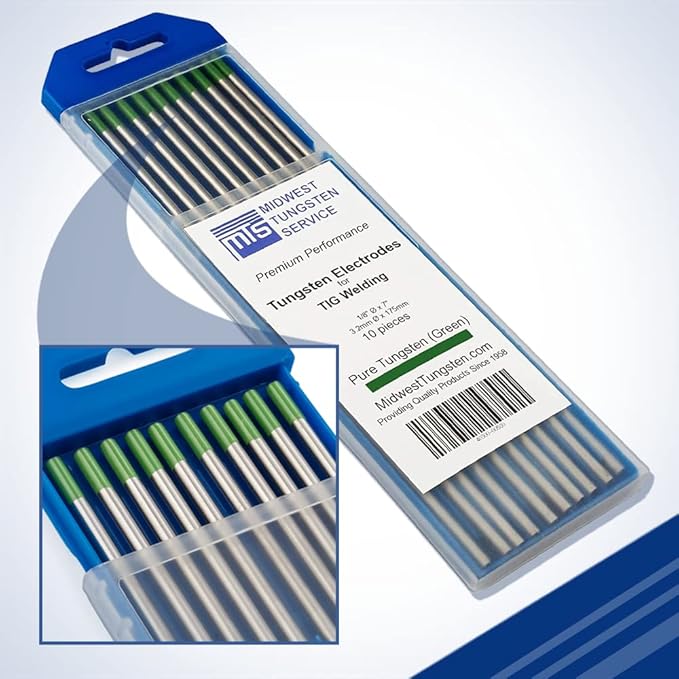 Midwest Tungsten Service TIG Welding Tungsten Electrodes 10-Pack (Green - Pure Tungsten (WP, EWP), 1/8")